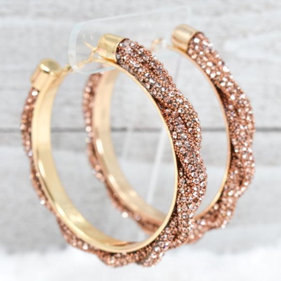 3" Braid Twist Champagne Rhinestone Hoop Earrings - Picture 11 of 12